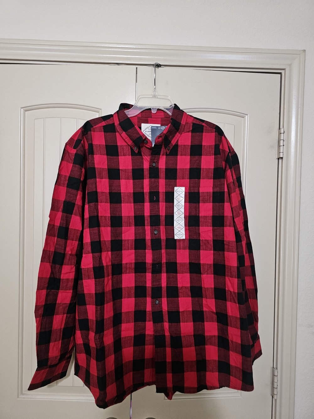 St. John's Bay Men's Red and Black Plaid Button-Down Shirt